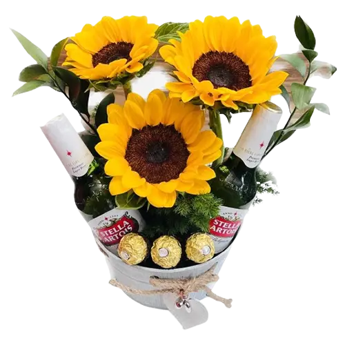 Balde Flores Girasoles, Cervezas Stella Artois Y Chocolates Ferrero - Flores Amarillas