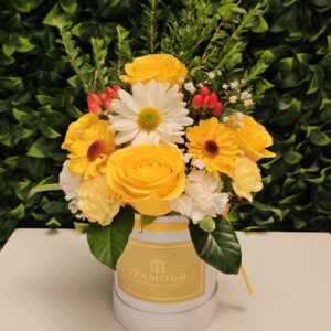 Box rosas, claveles y margaritas amarillas