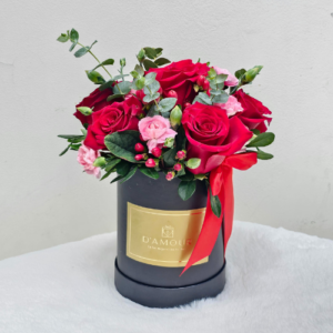 Box de rosas rojas y claveles