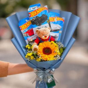 Ramo de 3 hotwheels y girasol